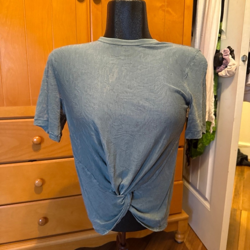 Teal Twist Front Crop Top Sheer Textured Tee XS/S Knot Front